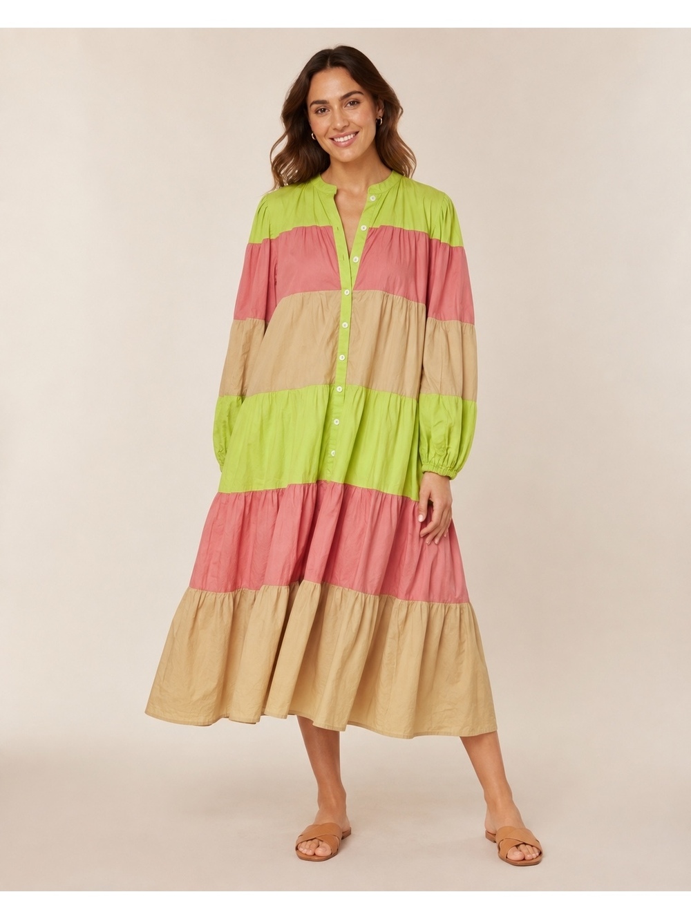Sunshine Tienda Colorblock Tiered Midi Dress Lime Pink Tan M